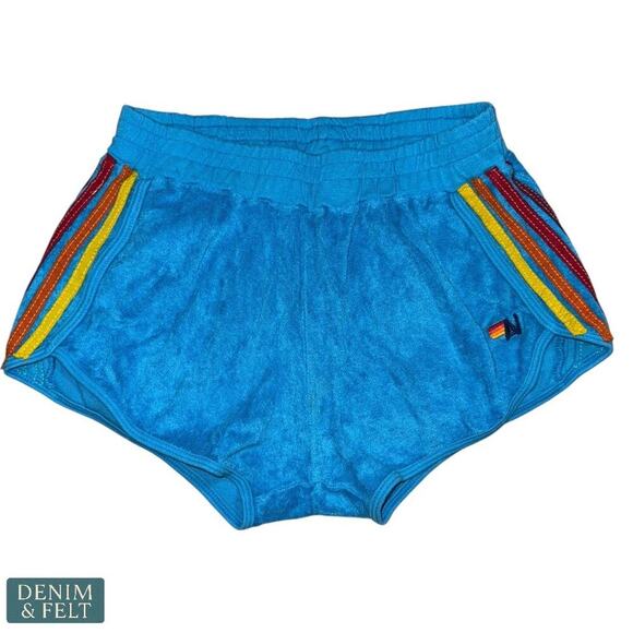 Aviator Nation Rainbow Stitch Venice Gym Shorts Blue Terrycloth, Size Small - Picture 1 of 10